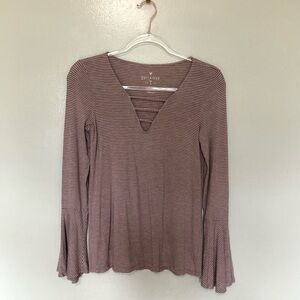 American Eagle Soft & Sexy Long Sleeve Tee Shirt Stripes Cut Outs Pink Small
